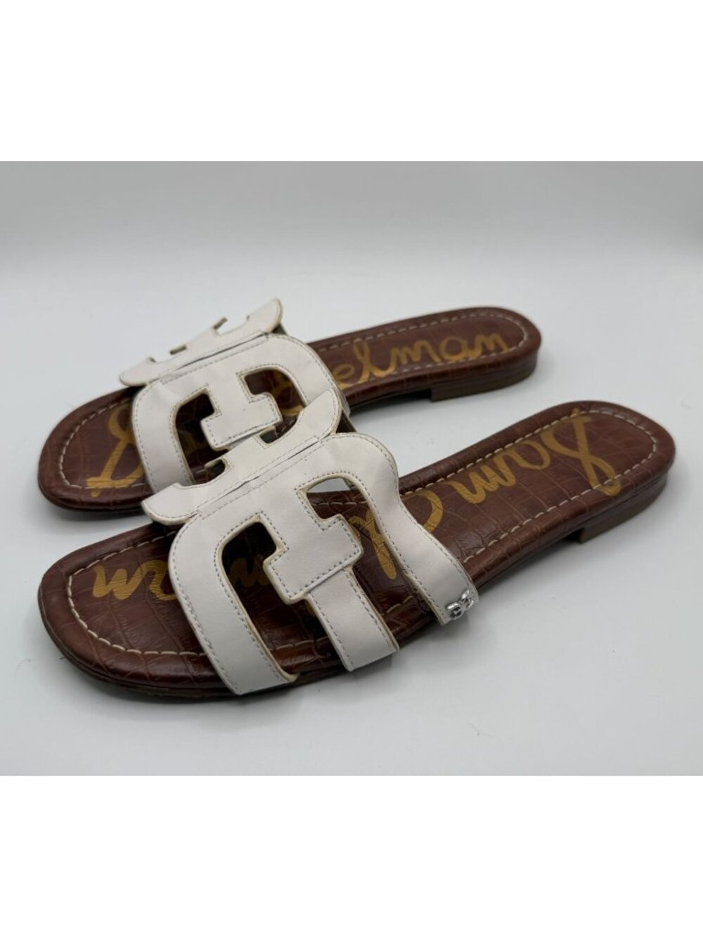 Sam Edelman Bay Slides Sandals White Leather Women Size 9M Cutout Logo Strap